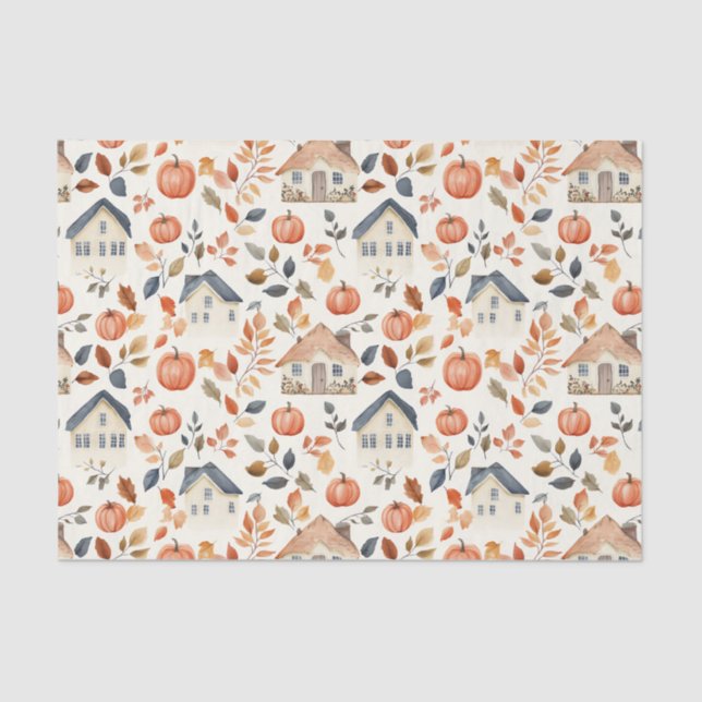 Autumn Pumpkins, House, Leaves Pattern Decoupage Tissue Paper (Front)