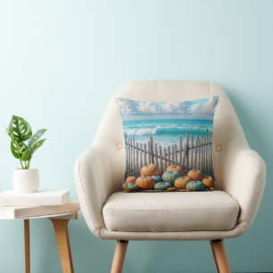 Autumn Pumpkins On a Beach Throw Pillow