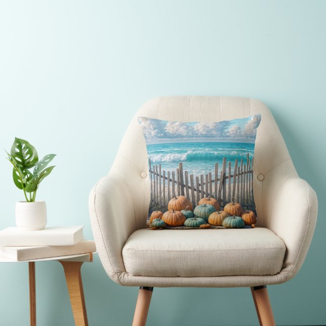 Autumn Pumpkins On a Beach Throw Pillow (Chair)