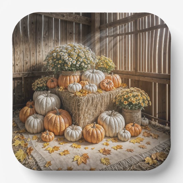 Autumn Pumpkins On A Hay Bale Paper Plate (Front)