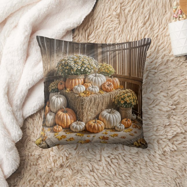 Autumn Pumpkins On A Hay Bale Throw Pillow (Blanket)