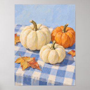 Autumn Pumpkins on Blue Gingham Tablecloth Poster
