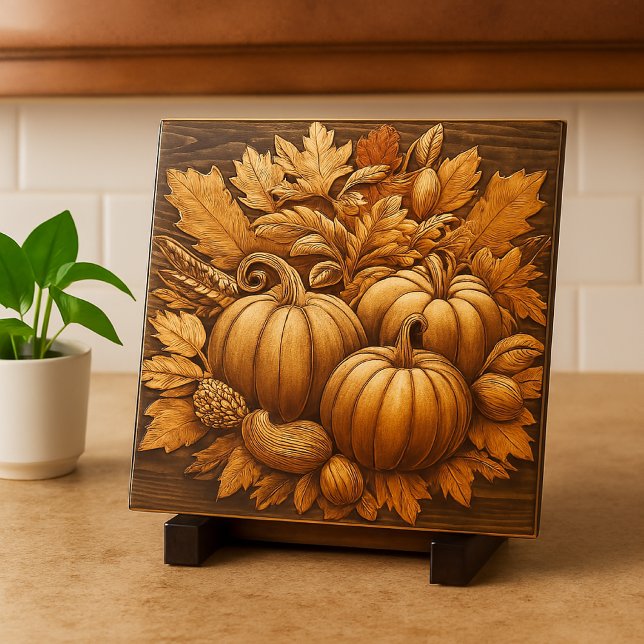 Autumn Pumpkins on Wood  Decorative  Tile (Creator Uploaded)