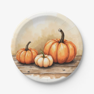 Autumn Pumpkins On Wooden Table Paper Plate