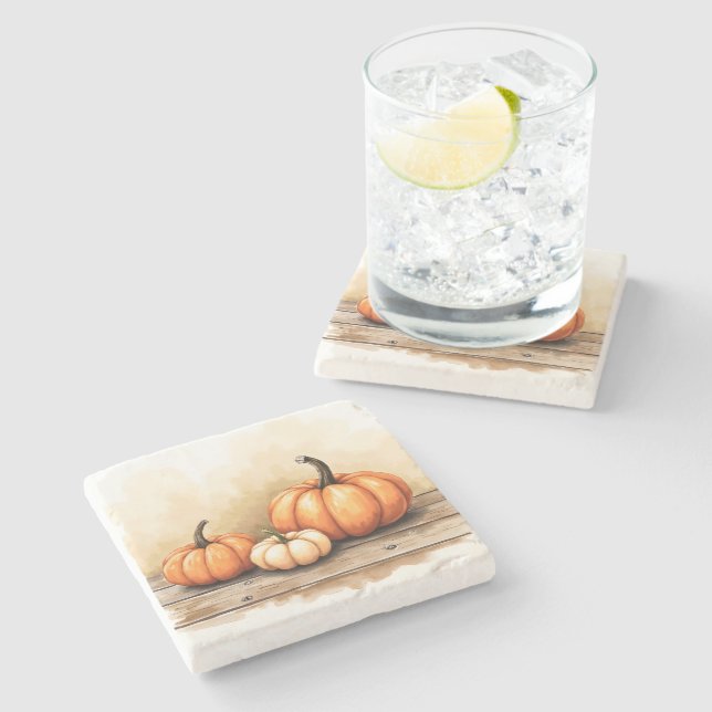 Autumn Pumpkins On Wooden Table Stone Coaster (Side)