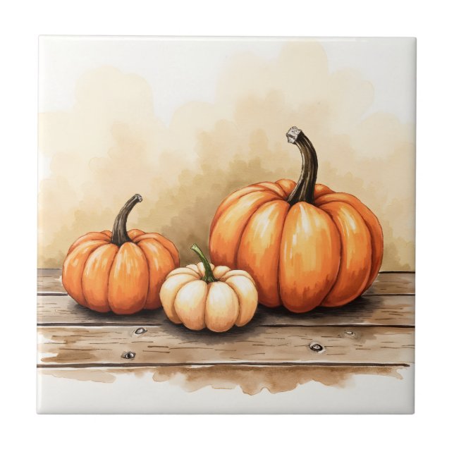 Autumn Pumpkins On Wooden Table Tile (Front)