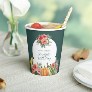 Autumn Pumpkins Pink Floral Birthday Party Paper Cups