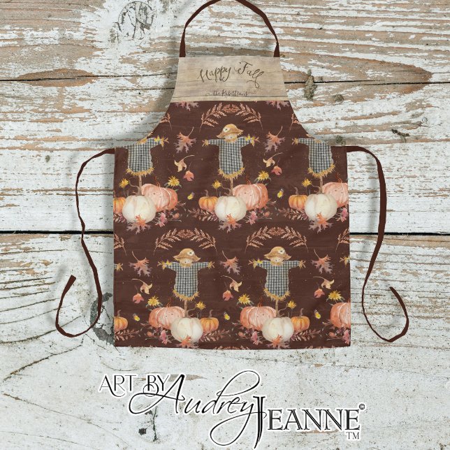 Autumn Pumpkins Scarecrow Happy Fall Family Name Apron (Creator Uploaded)