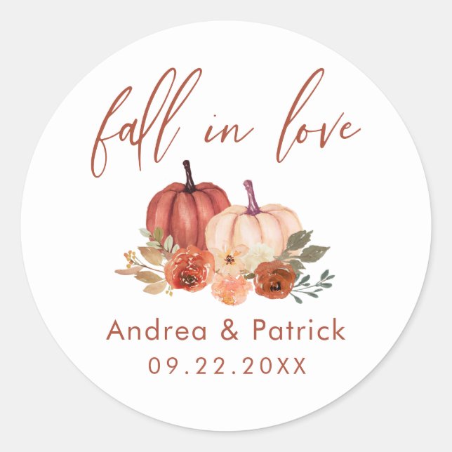 Autumn Pumpkins Terracotta Fall In Love Wedding Classic Round Sticker (Front)