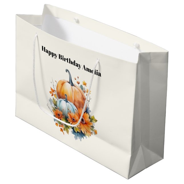 Autumn Pumpkins with Flowers and Foliage Birthday Large Gift Bag (Front Angled)