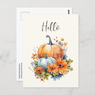 Autumn Pumpkins with Flowers and Foliage Hello Postcard
