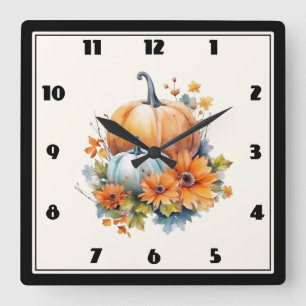 Autumn Pumpkins with Flowers and Foliage Square Wall Clock
