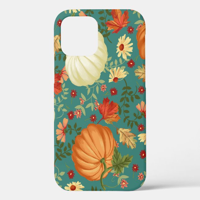 Autumn pumpkins with teal background pattern. Mapl Case-Mate iPhone Case (Back)
