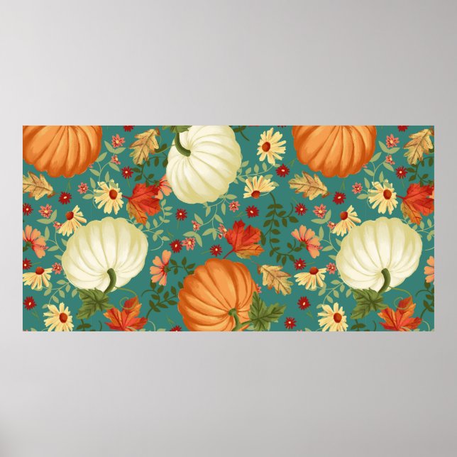 Autumn pumpkins with teal background pattern. Mapl Poster (Front)