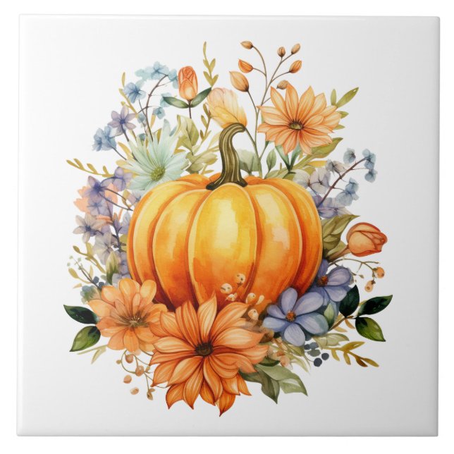 Autumn Punpkin Floral Ceramic Tile (Front)