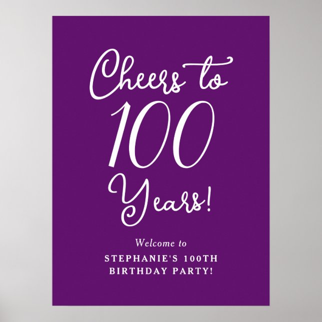 Autumn Purple Cheers to 100 Years Birthday Welcome Poster (Front)