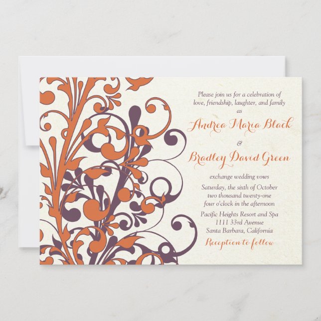 Autumn Purple Orange Floral Wedding Invitation (Front)