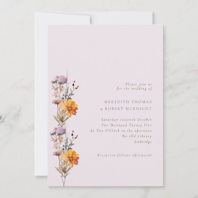 Autumn Purple & Orange Wildflowers Wedding Invitation (Front)