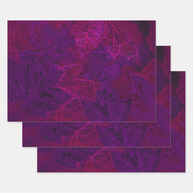Autumn Purple Pink Neon Dark Maple Leaves Wrapping Paper Sheet (Set)