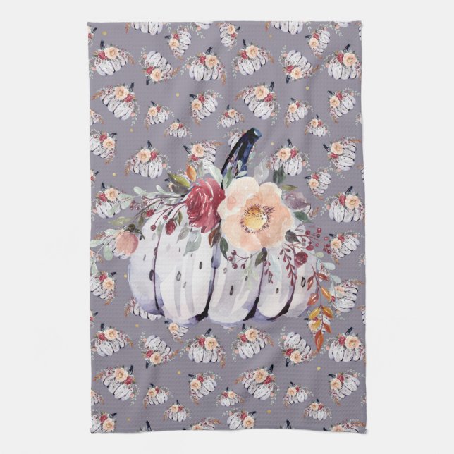 Autumn purple pumpkin grey floral watercolor  kitchen towel (Vertical)