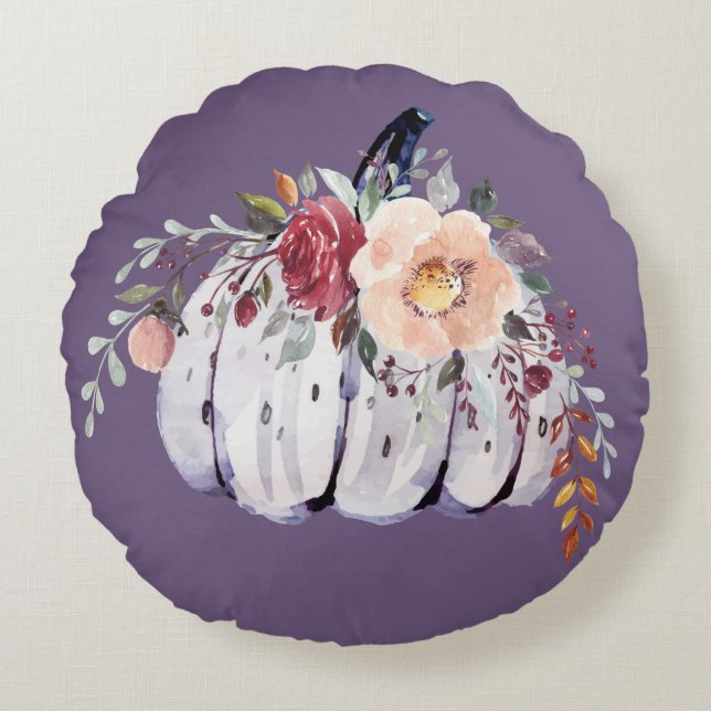 Autumn purple pumpkin grey floral watercolor  round pillow (Front)