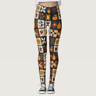 Autumn Quilt Block Pattern Rustic Harvest Leggings