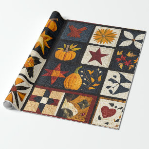 Autumn Quilt Block Pattern Rustic Harvest Wrapping Paper