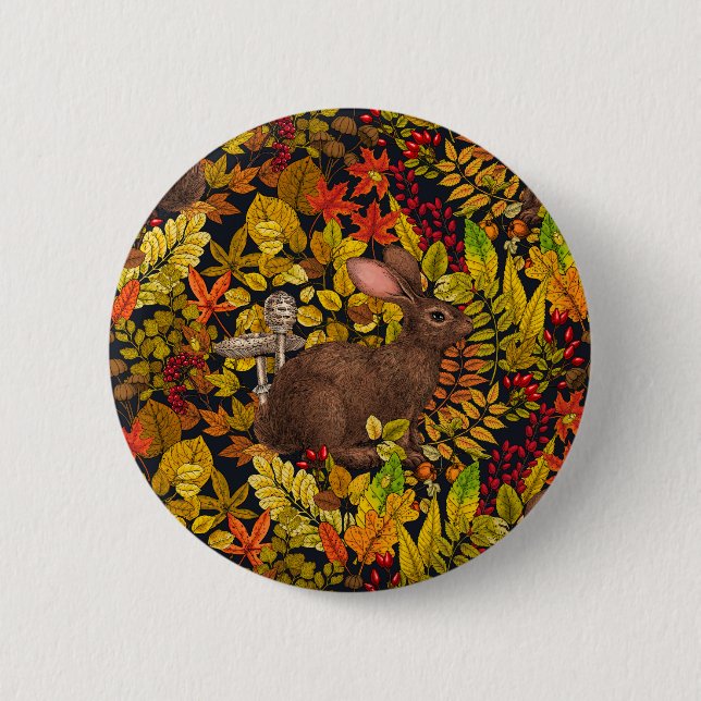 Autumn Rabbit on black 2 Inch Round Button (Front)