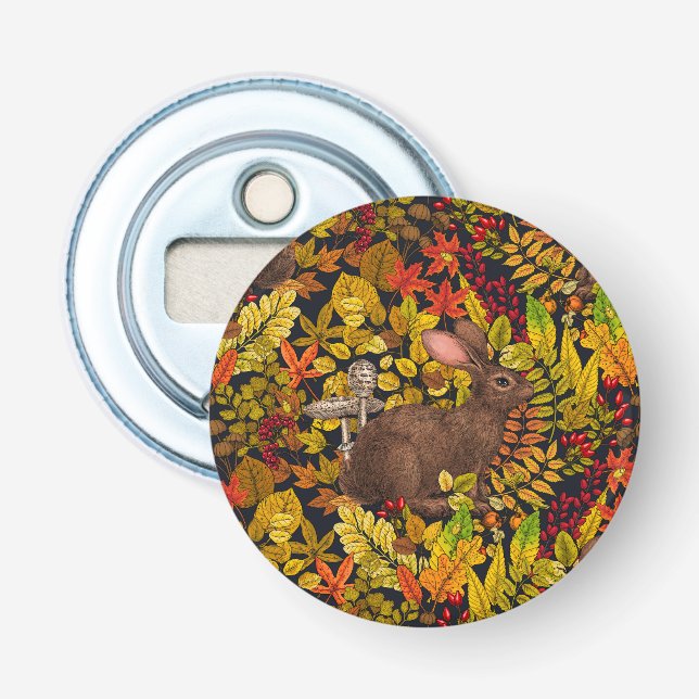 Autumn Rabbit on black Bottle Opener (Front)
