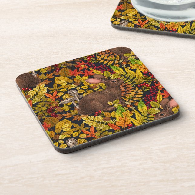 Autumn Rabbit on black Coaster (Left Side)