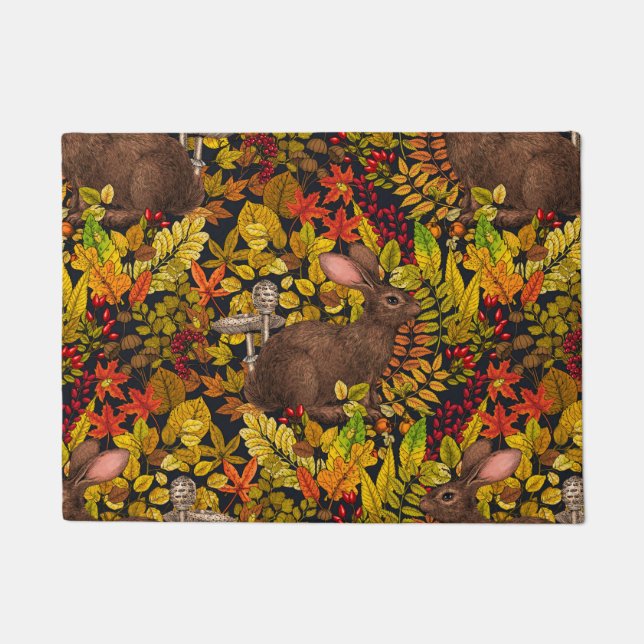Autumn Rabbit on black Doormat (Front)