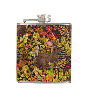 Autumn Rabbit on black Hip Flask