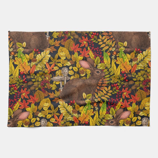 Autumn Rabbit on black Kitchen Towel (Horizontal)