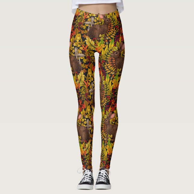 Autumn Rabbit on black Leggings (Front)