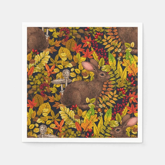 Autumn Rabbit on black Napkin (Front)