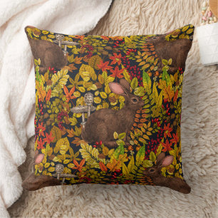 Autumn Rabbit on black Throw Pillow