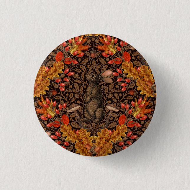 Autumn rabbit on brown 1 inch round button (Front)