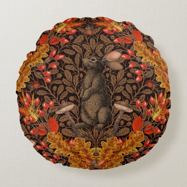 Autumn rabbit on brown round pillow (Front)