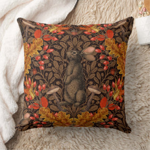 Autumn rabbit on brown throw pillow