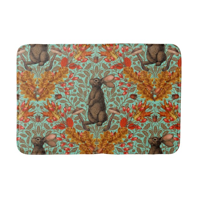Autumn rabbit on light green bath mat (Front)