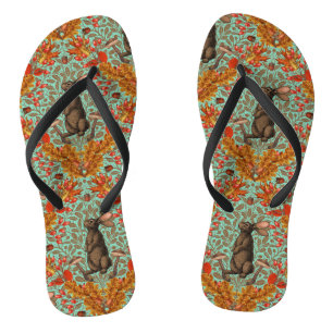Autumn rabbit on light green flip flops