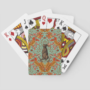 Autumn rabbit on light green playing cards