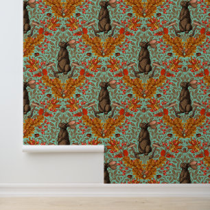Autumn rabbit on light green wallpaper