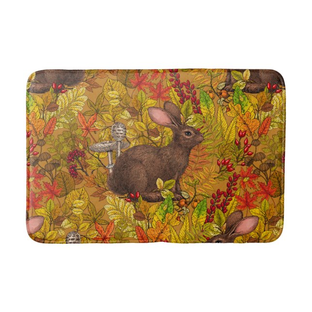 Autumn Rabbit on ochre Bath Mat (Front)