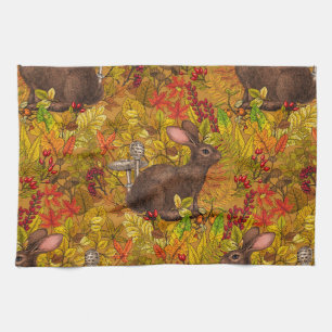 Autumn Rabbit on ochre Kitchen Towel