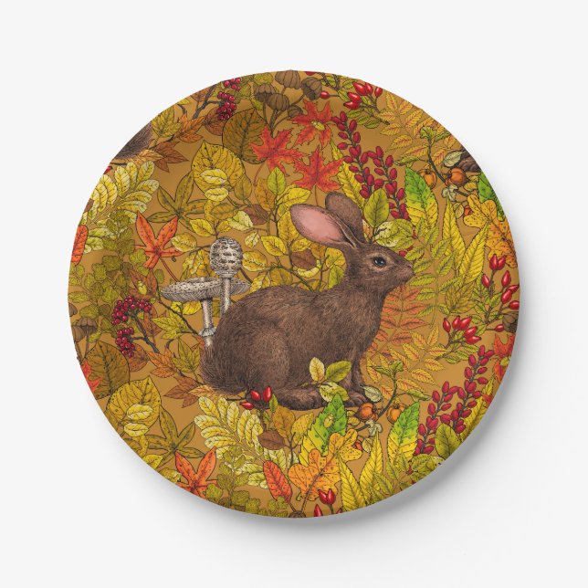 Autumn Rabbit on ochre Paper Plate (Front)