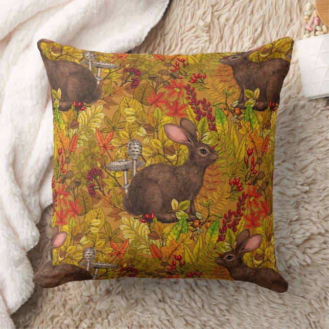 Autumn Rabbit on ochre Throw Pillow (Blanket)