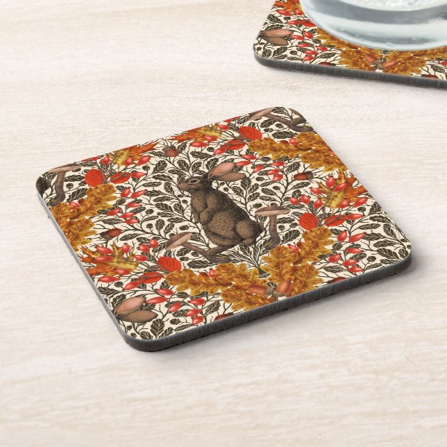 Autumn rabbit on off white coaster (Left Side)