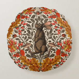 Autumn rabbit on off white round pillow