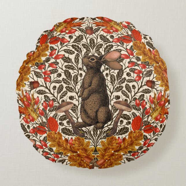 Autumn rabbit on off white round pillow (Front)